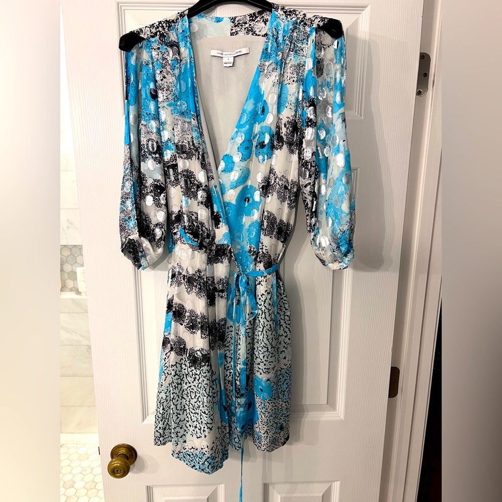 Diane Von Furstenberg blue and silver wrap dress